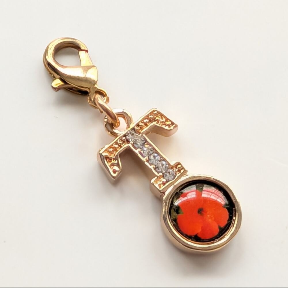 Vintage Gold Tone Rhinestone T Initial Orange Hibiscus Flower Bracelet Charm